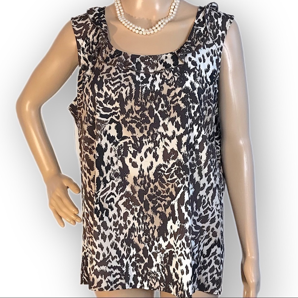 St. John silk animal cheetah leopard print tank blouse 14 sleeveless ruffle
